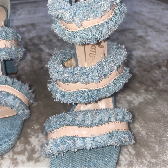- Laura Marano Not Rated Platform Heels Blue Jean Fringe 5 inch Open Toe SZ 8 - Picture 7 of 11
